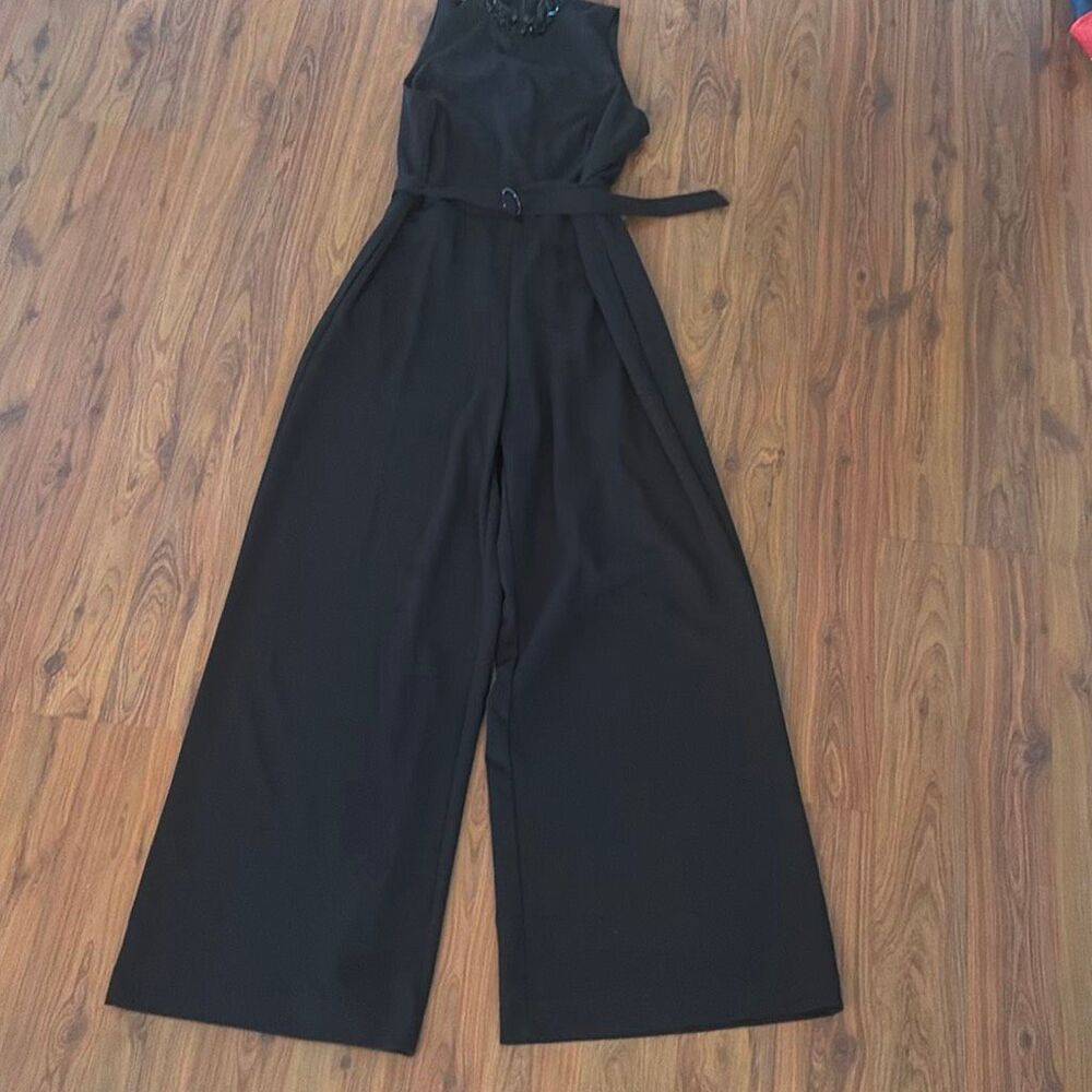 Taylor black, jeweled, neck sleeveless wide leg jumpsuit belted sleeve high neck